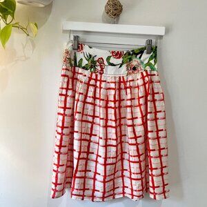 Maeve Anthropologie Country Fair Skirt 2 Red Grid Floral Waist Silk Blend Lined
